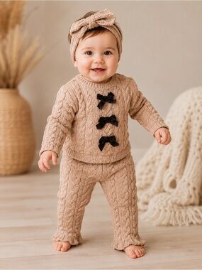 Nicole Miller Beige Cable Knit Baby Matching Set with Black Bows